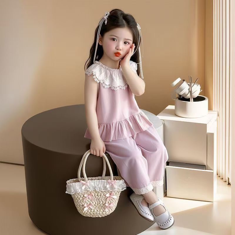 花蕾絲領邊背心套裝(粉/天藍)