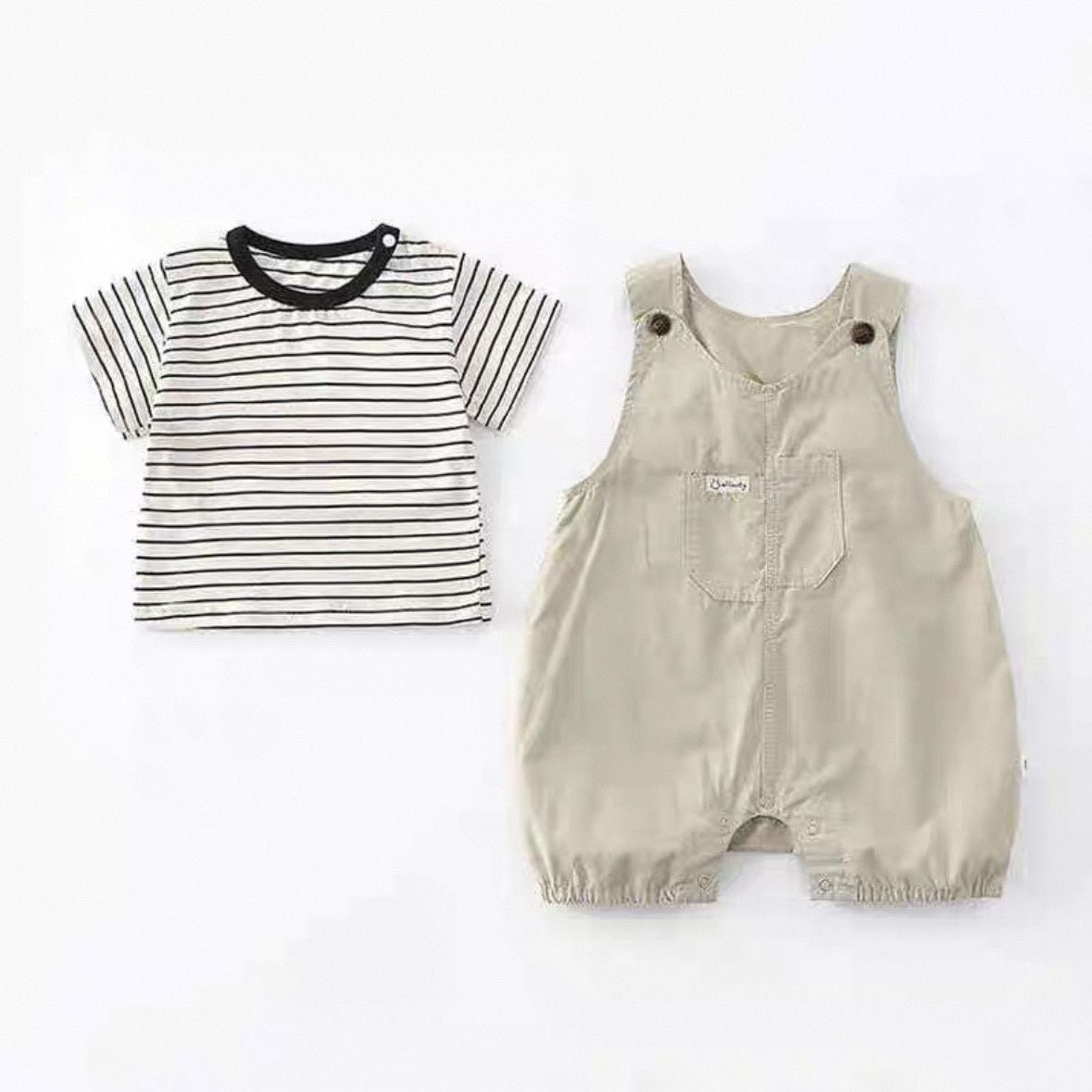 條紋短Tee+吊帶工裝褲套裝