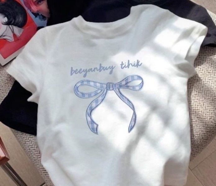 格子蝴蝶結短袖上衣(白/淡黃)