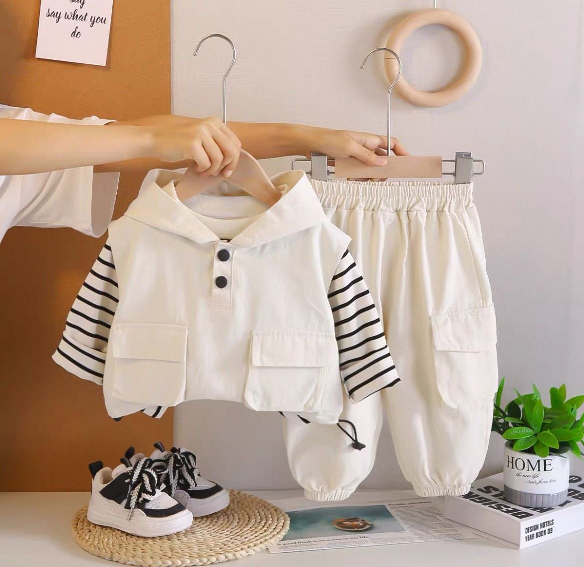 預購款-連帽條紋背心上衣套裝-白(茜茜)