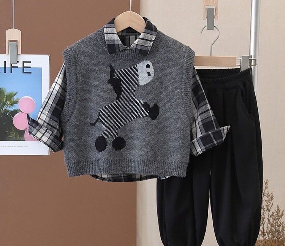 斑馬針織背心+格紋襯衫3件套裝