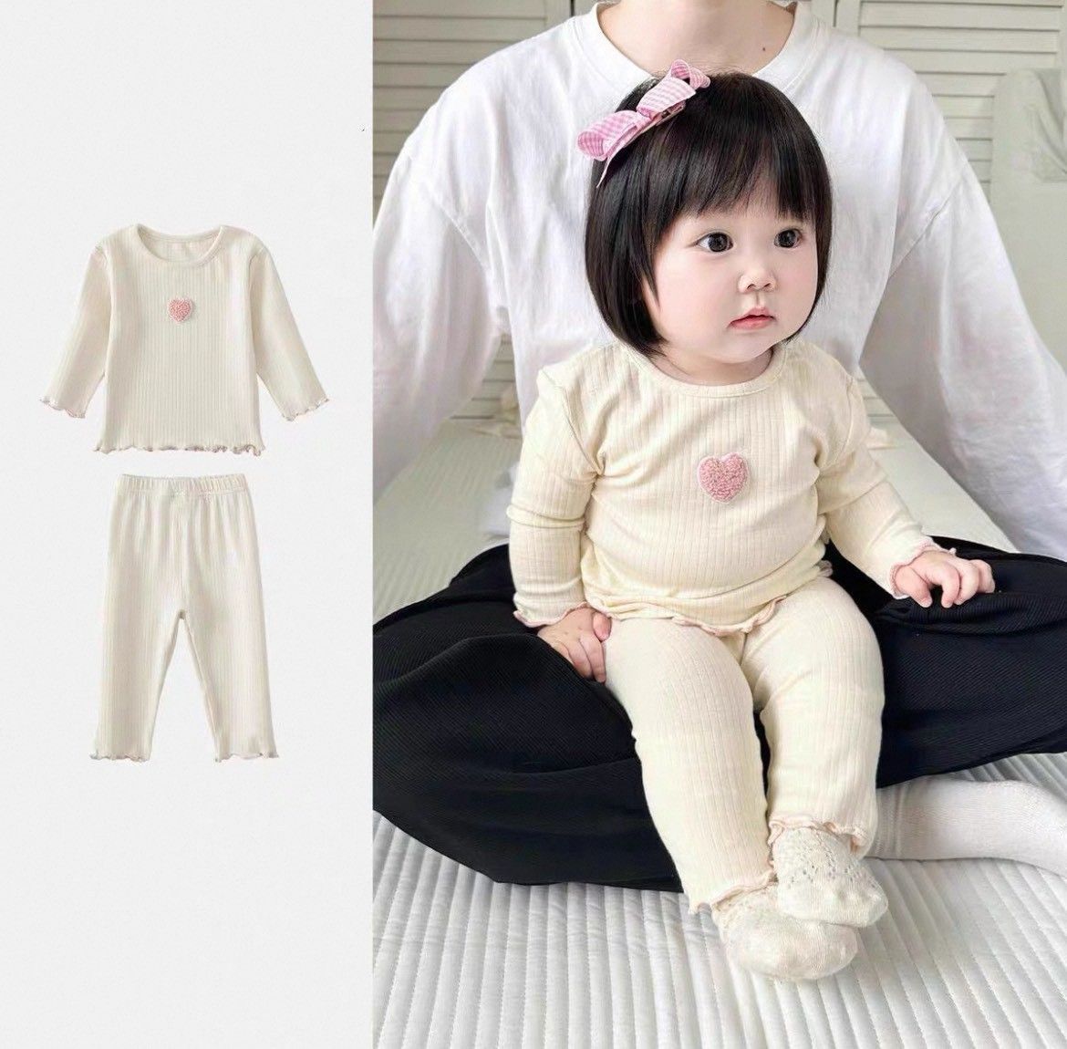 愛心羅紋長袖睡衣套裝(白)