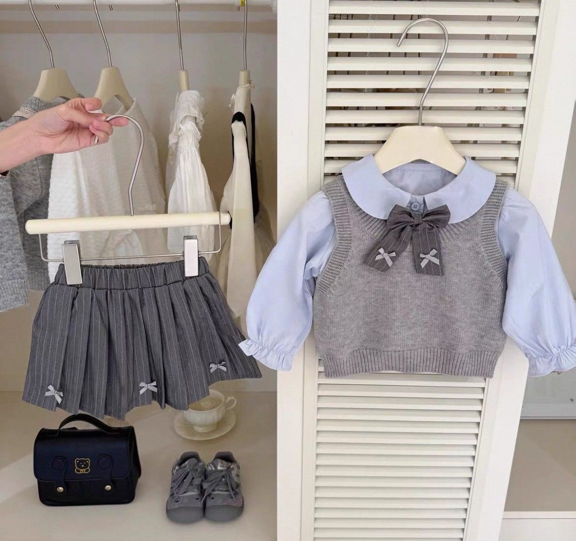學院風蝴蝶結背心+百褶短裙3件式套裝