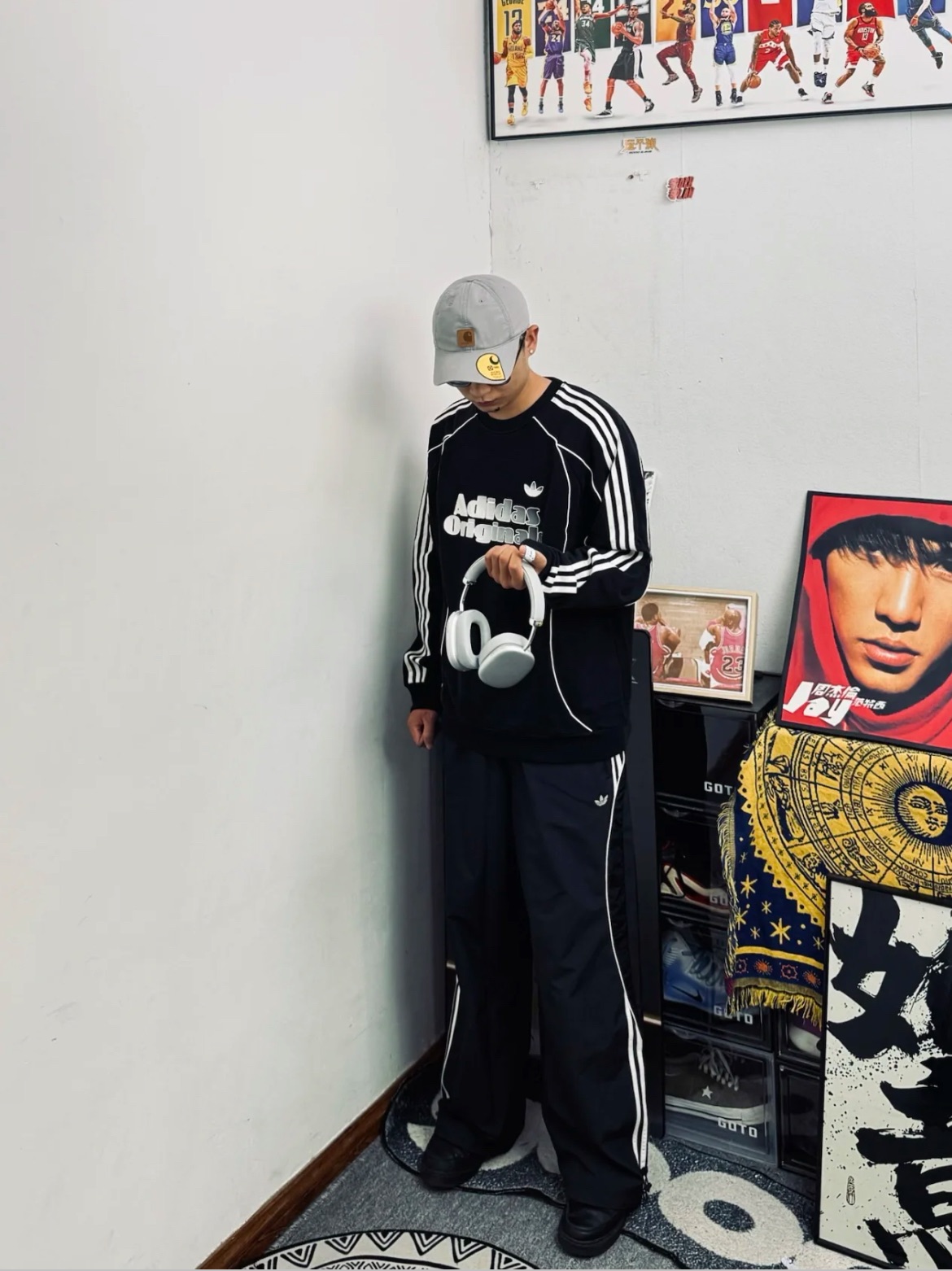 adidas originals RETRO 闊腿寬鬆 運動側邊條紋長褲 男款 黑色 JN3790