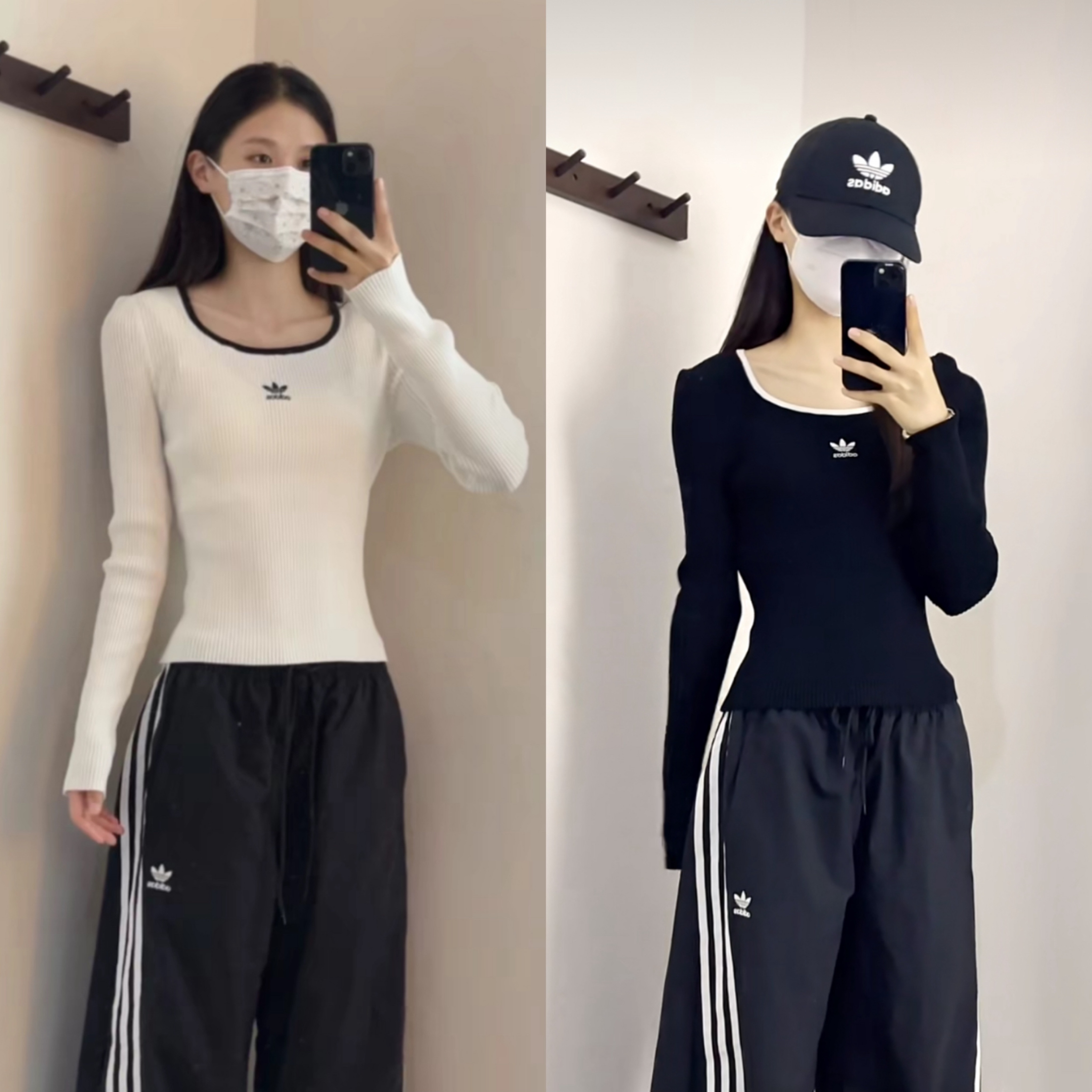 預購 adidas originals 修身U領長袖針織衫 女款 白JM8055 黑JM8052