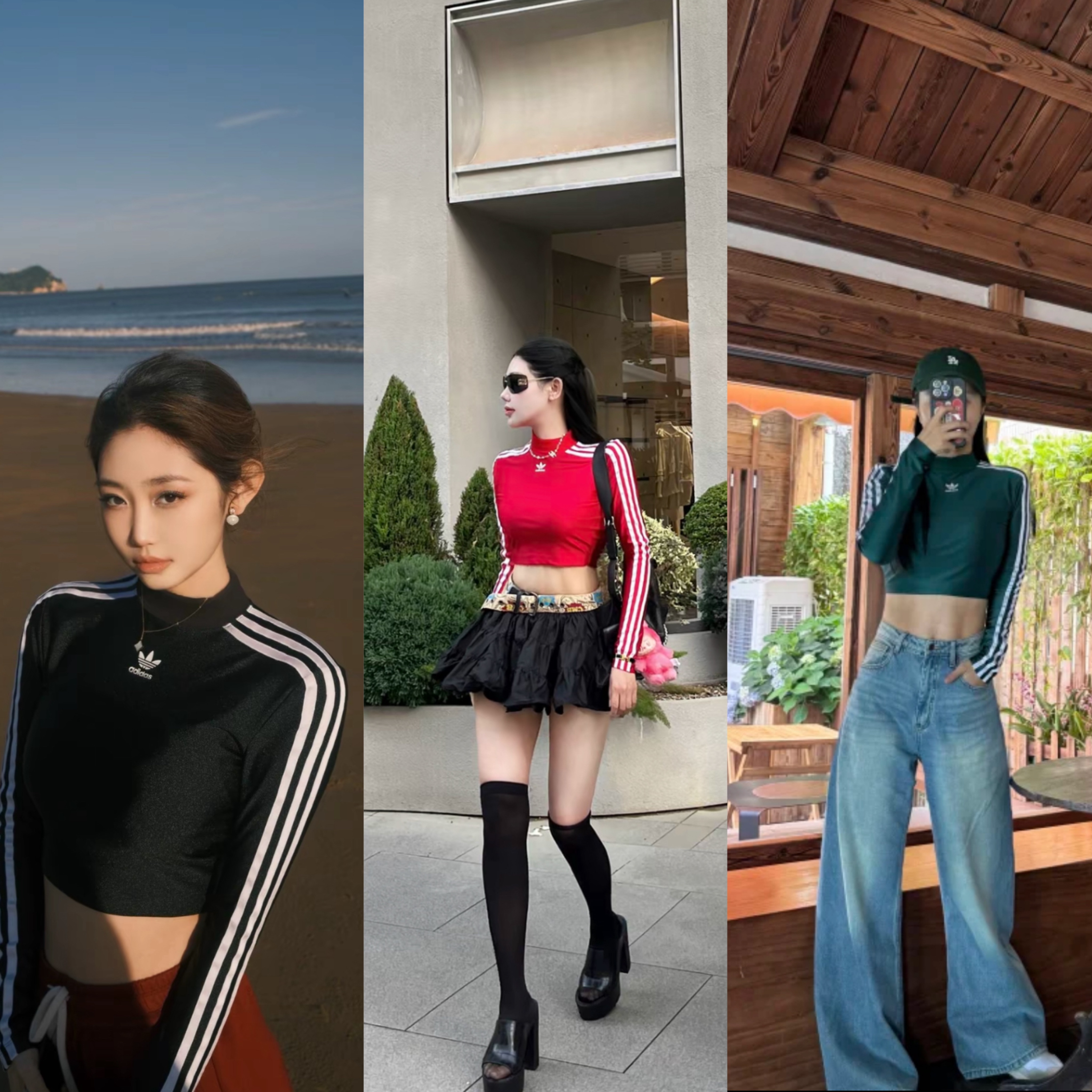 預購 adidas originals 半高領短款緊身長袖 T恤 女款 黑色IU2428 紅IR8132 綠IR8136