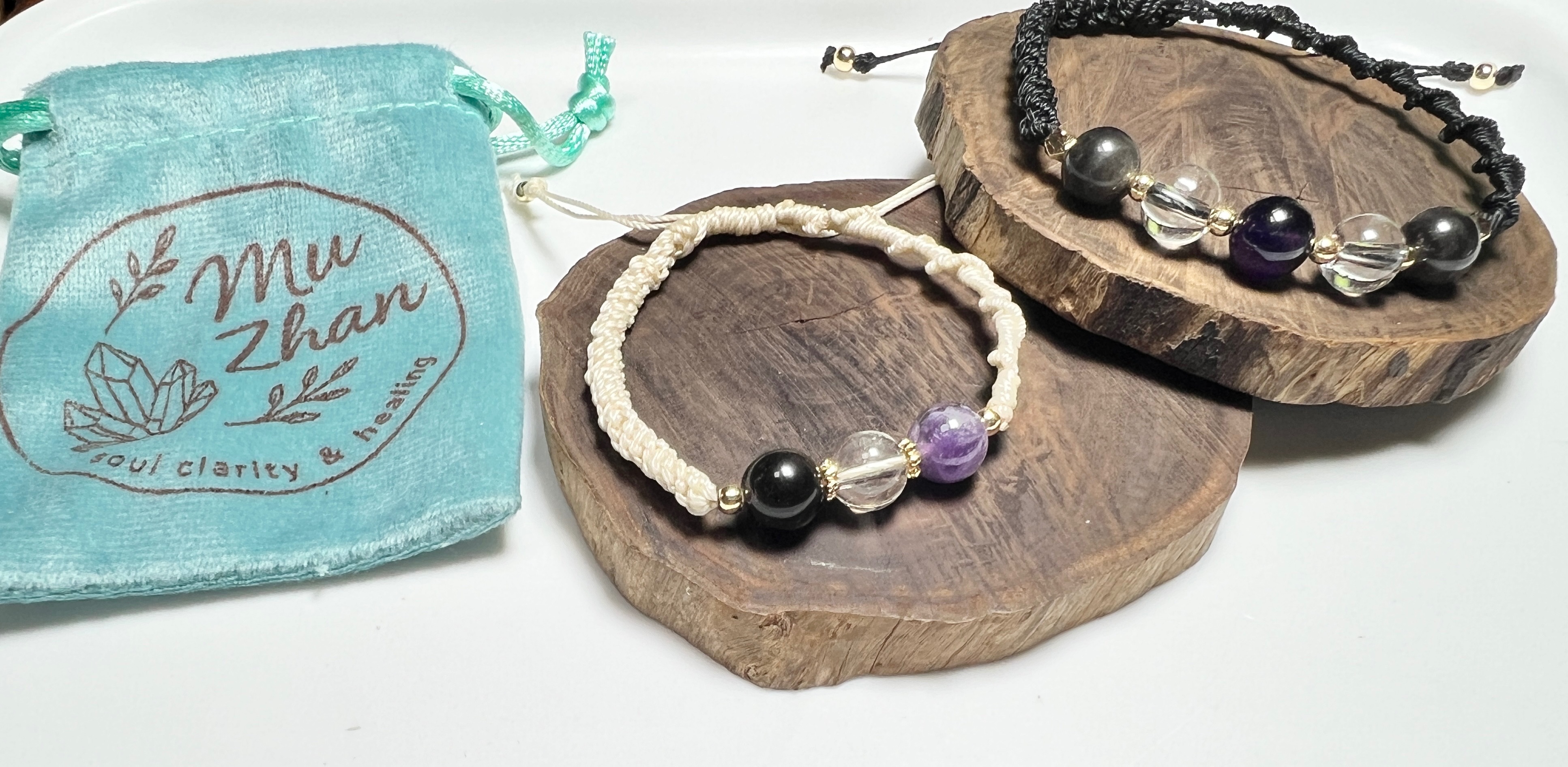 銀曜石 × 紫水晶 × 白水晶 編織手繩