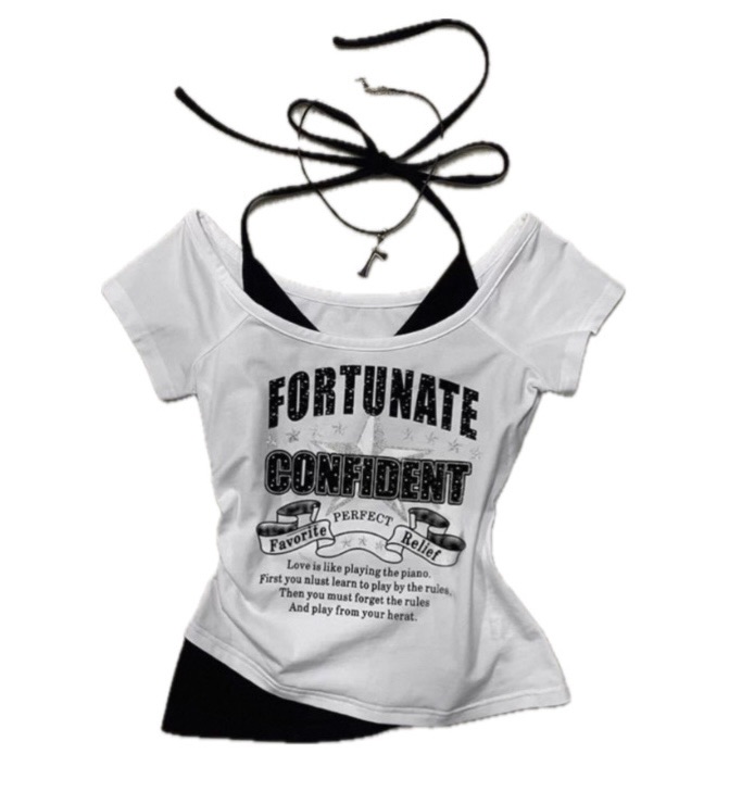 美式字母印花假兩件上衣