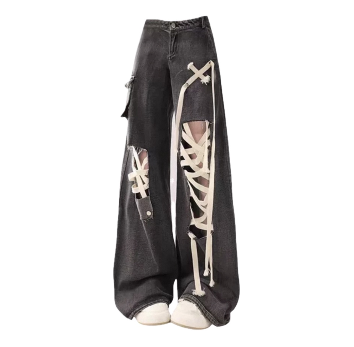 美式黑灰色綁帶破洞牛仔褲