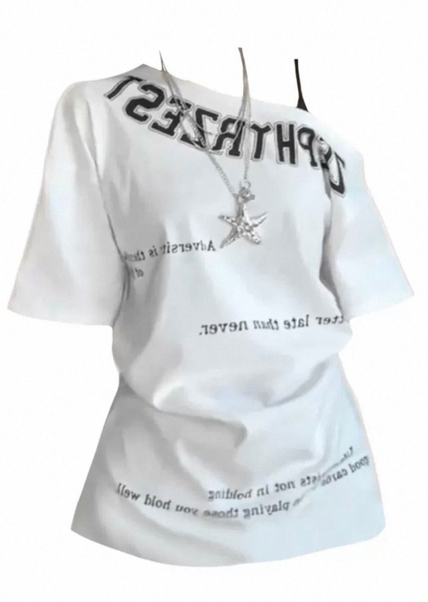 短袖字母印花露斜肩