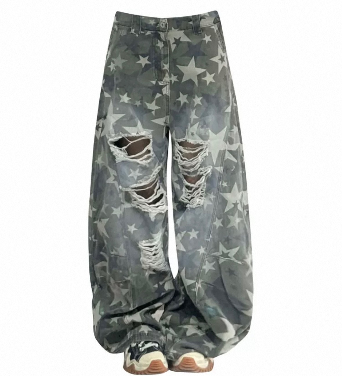 星星破洞牛仔水洗彎刀褲