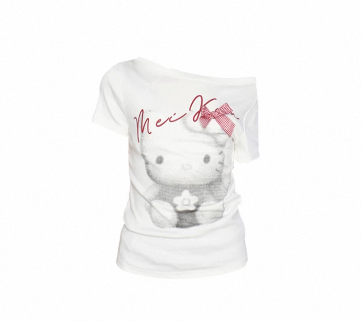 美式kitty猫斜肩短袖T恤
