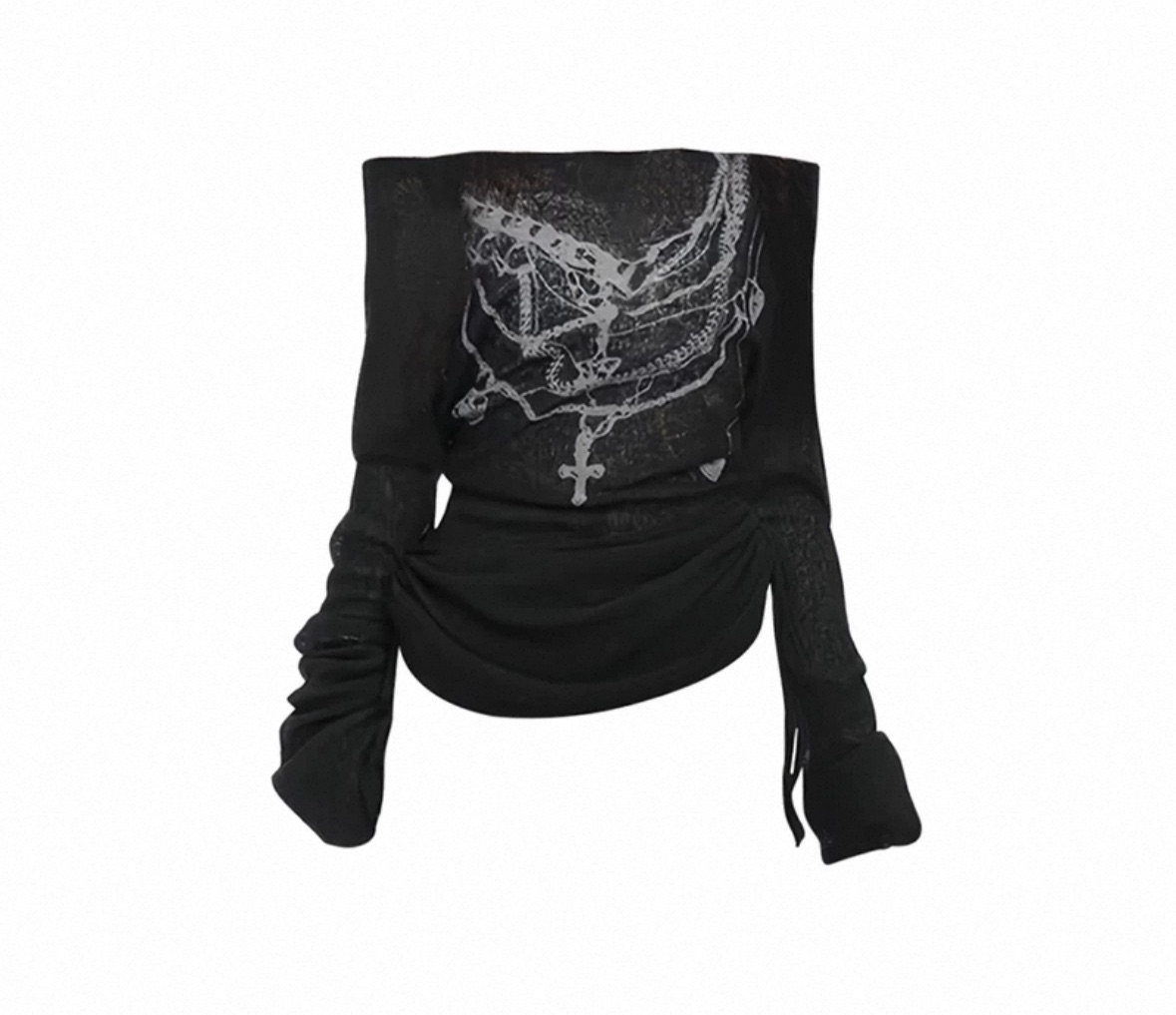 辣妹印花一字肩微透長袖綁帶