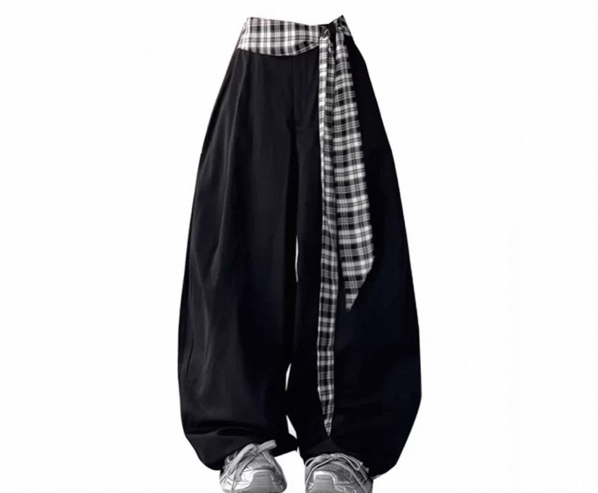 格紋潮流彎刀休閒闊腿褲