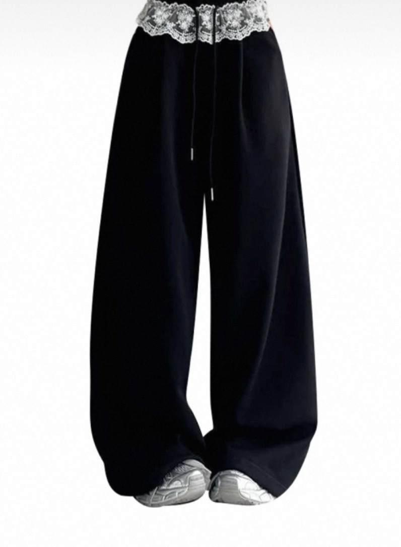 黑色蕾絲拼接垂感直筒長褲