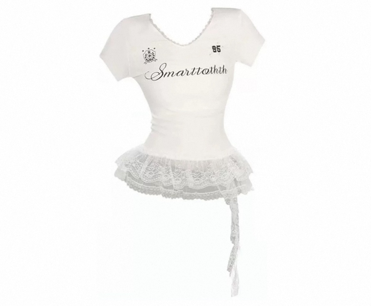 y2k辣妹蕾絲拼接V領短袖飄帶