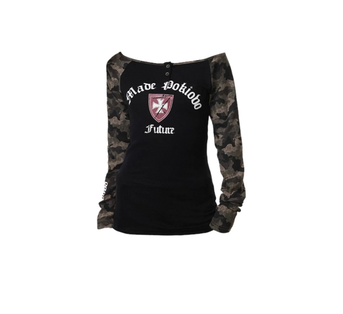 美式迷彩一字肩拼接字母長袖T恤