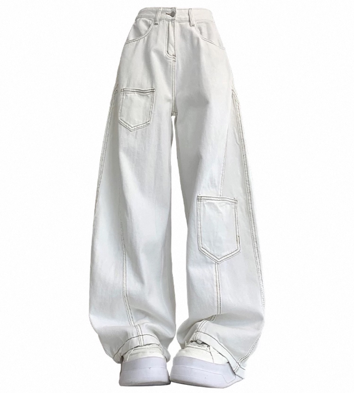 明線白色彎刀闊腿長褲