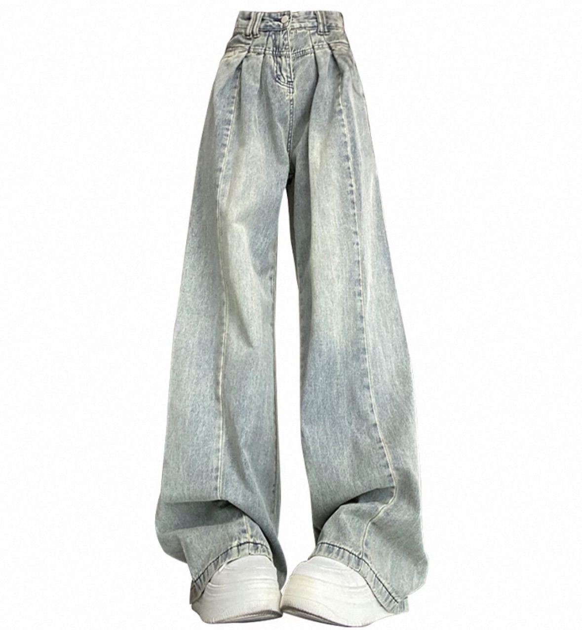 美式复古淺藍色高腰直筒牛仔褲
