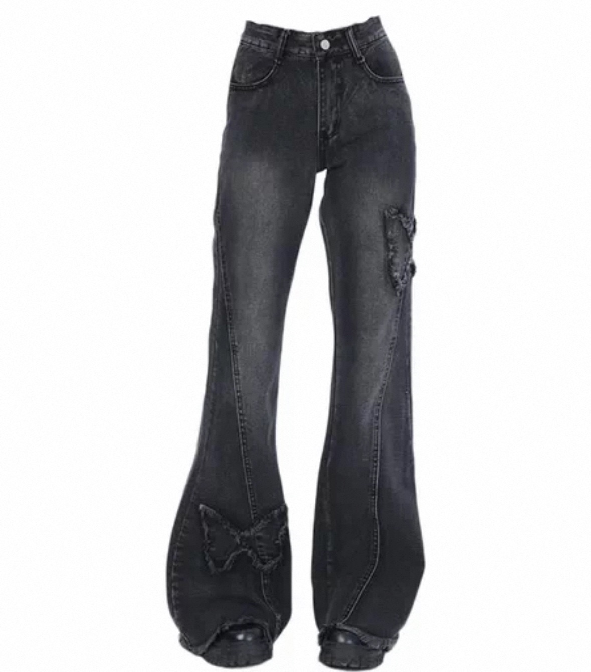 美式ins复古蝴蝶刺繡微喇叭褲