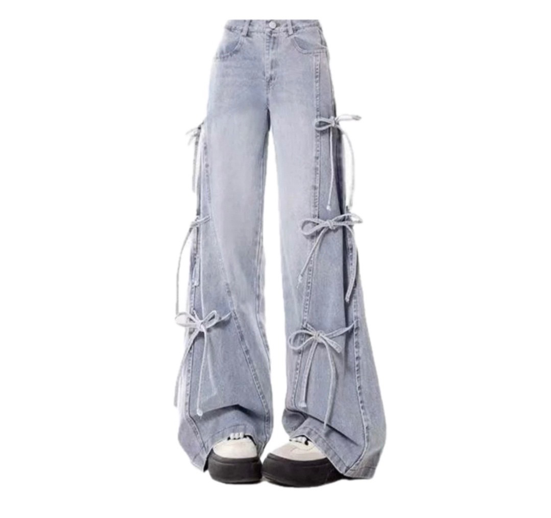 美式蝴蝶結綁帶松直筒牛仔褲