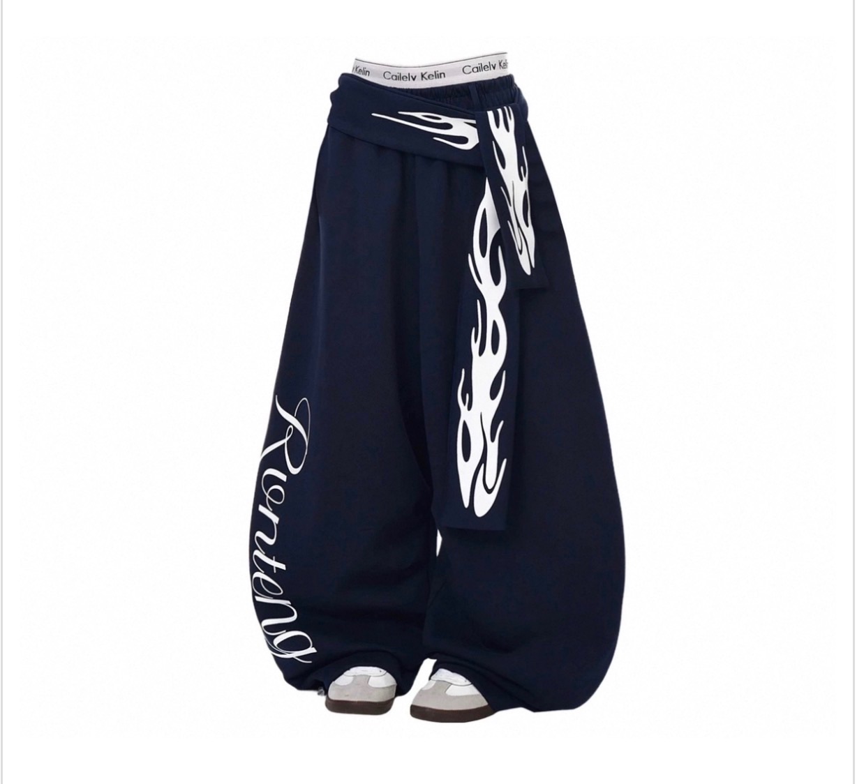火焰印花腰帶潮牌闊腿褲