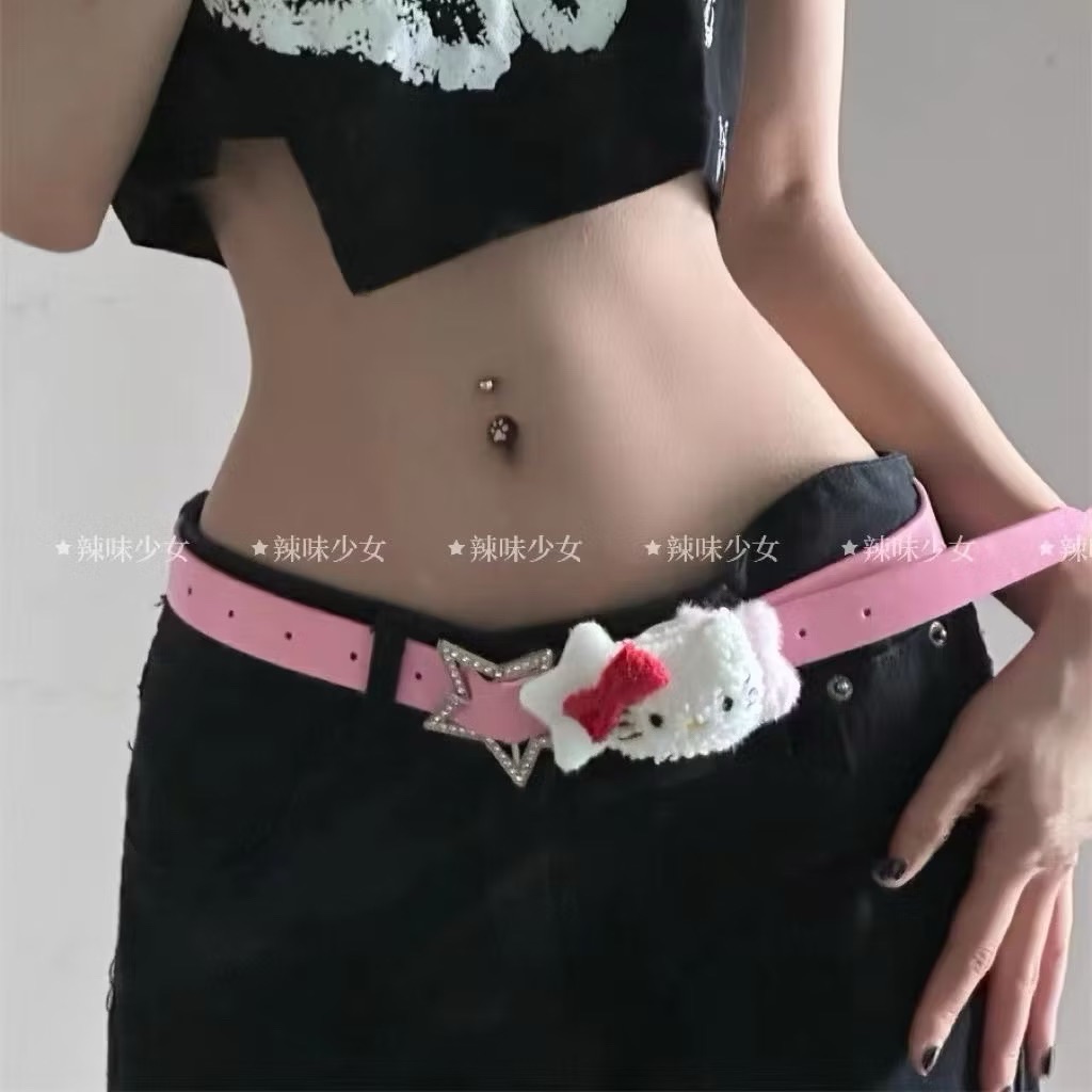 千禧辣妹可愛少女亞文化KT貓kitty 凱蒂貓星星水鑽腰帶  粉色皮帶