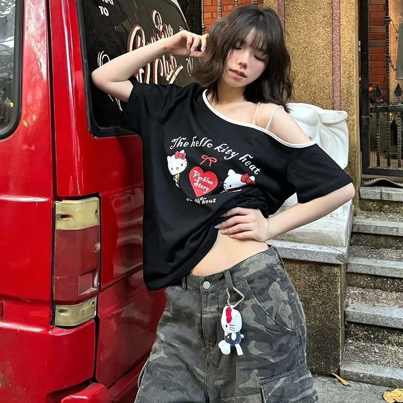 kitty凱蒂貓露肩拼接短袖T恤