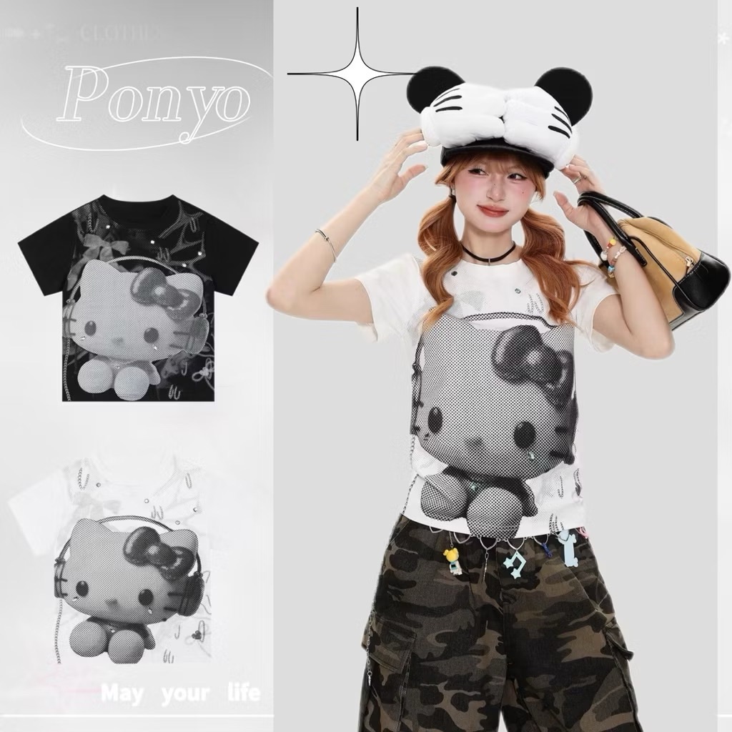Kitty聽音樂的樣子太犯規啦🎧耳機kitty貓印花短袖T恤