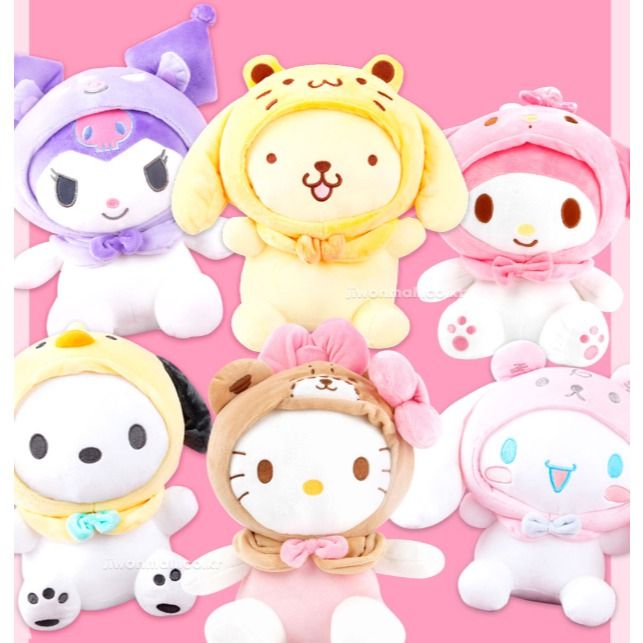 韓國三麗鷗 美樂蒂 酷洛米 大耳狗 凱蒂貓Hello Kitty 布丁狗 帕恰狗 好朋友頭套 娃娃 玩偶 25公分高