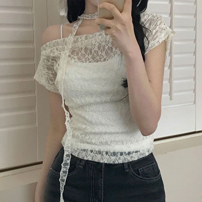 27004蕾絲飄帶斜肩透視上衣