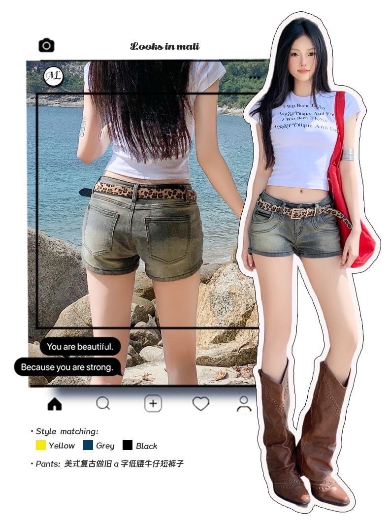 27009夏季美式復古彈力灰色辣妹短褲