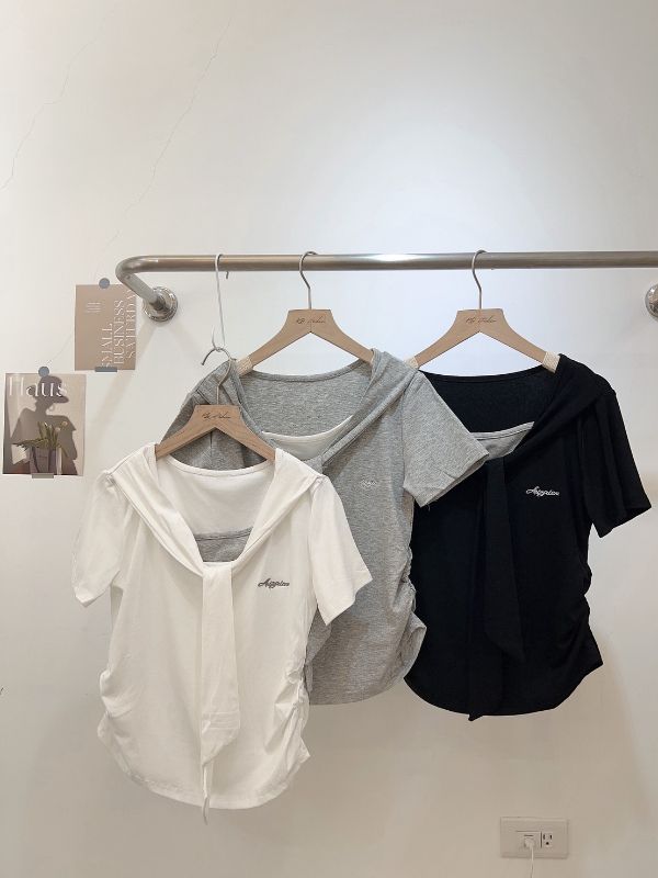 假兩件綁帶刺繡超彈面膜T