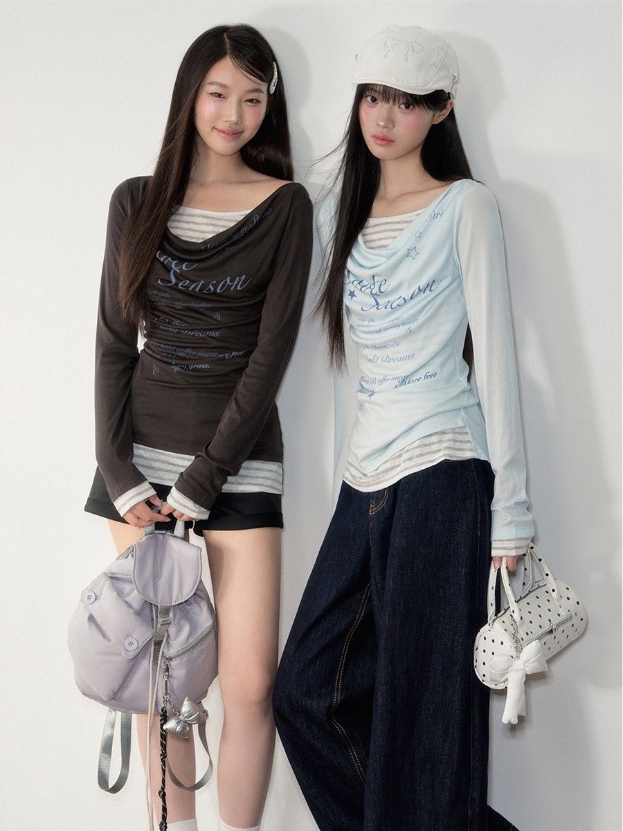 復古假兩件印花上衣