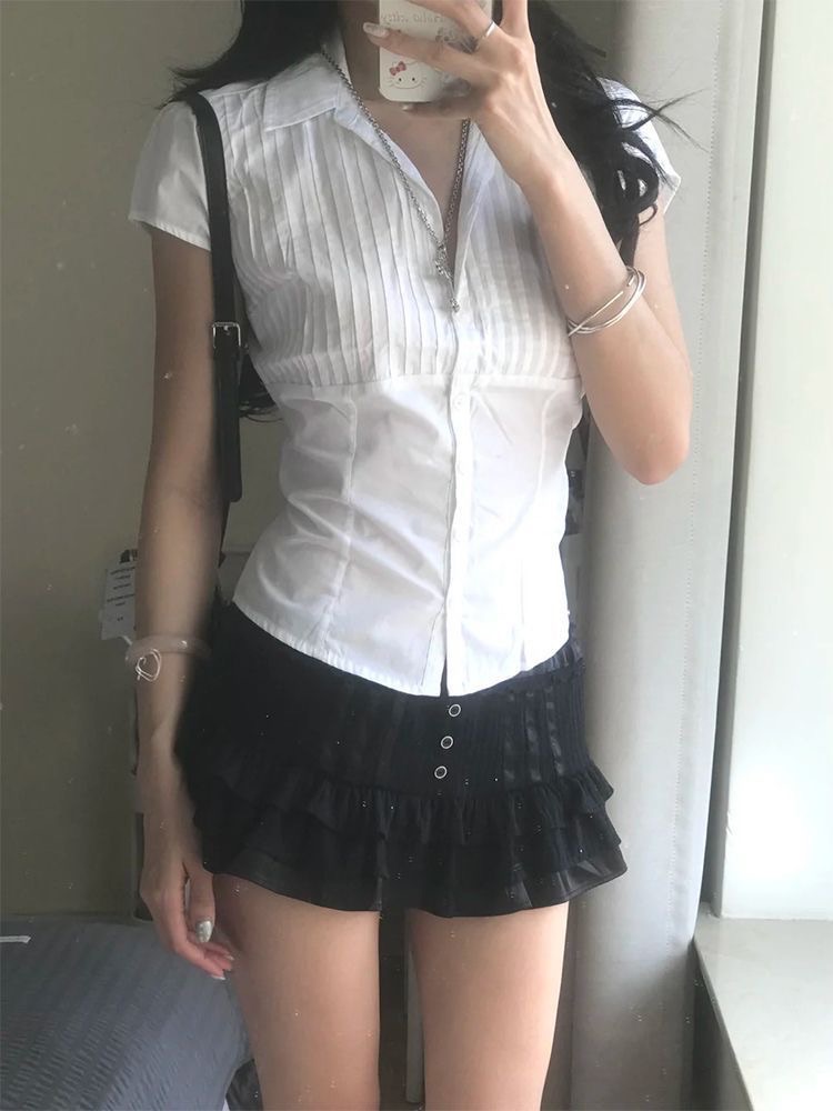 韓系收腰白襯衫