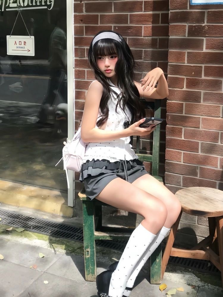 韓系波點翻領背心 /波點蛋糕褲裙