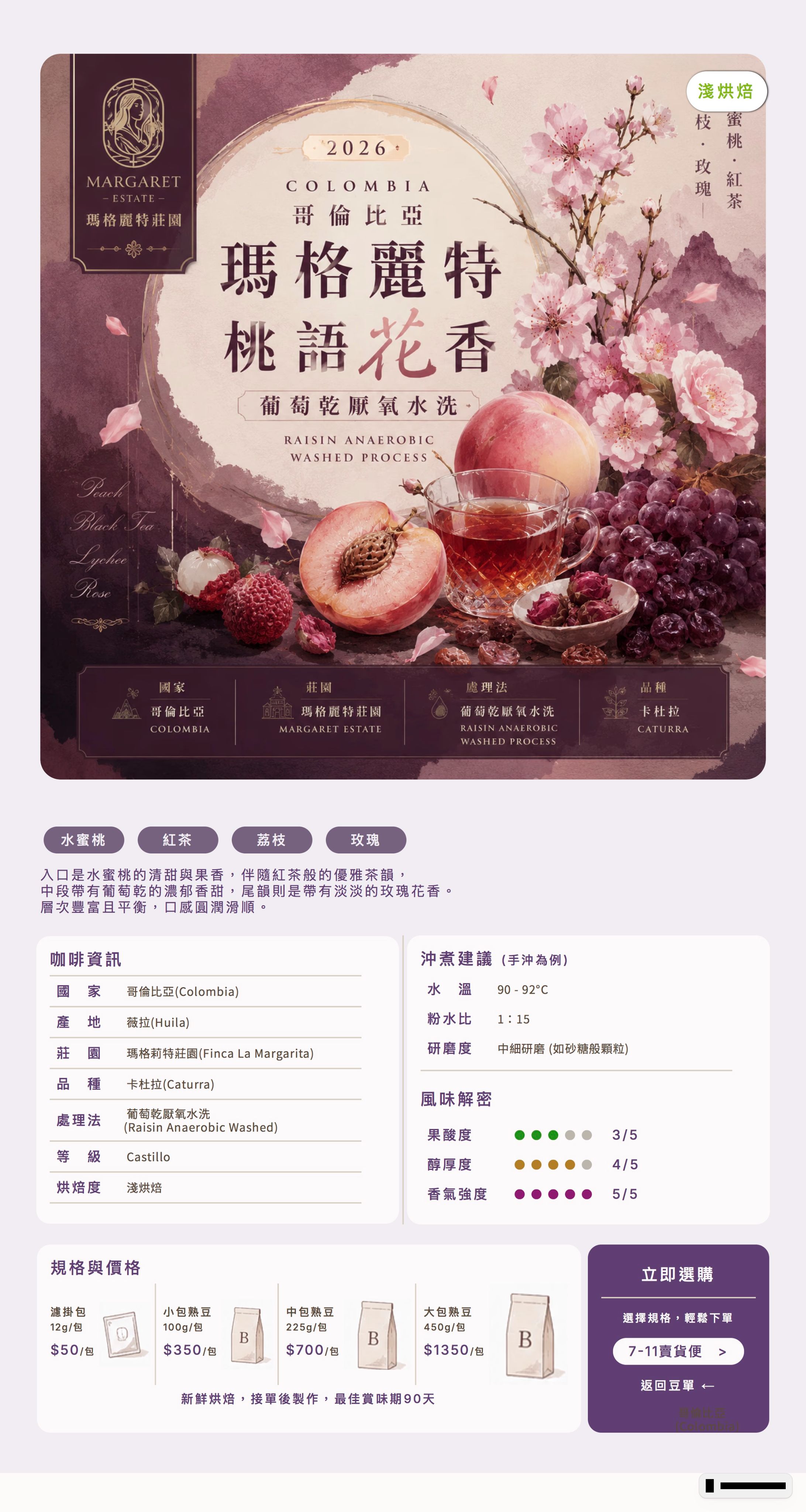 ❮淺焙❯ 哥倫比亞 瑪格莉特 桃語花香 葡萄乾厭氧水洗