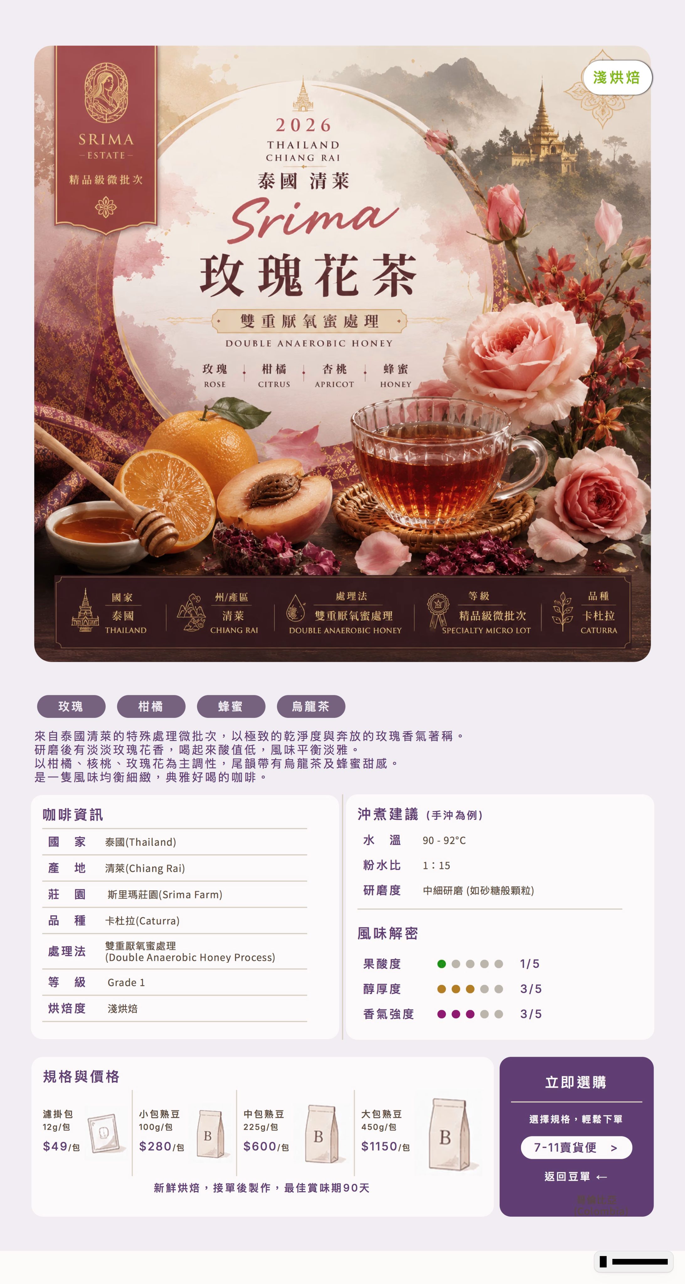 ❮淺中焙❯ 泰國 清萊 Srima 玫瑰花茶 雙重厭氧蜜處理
