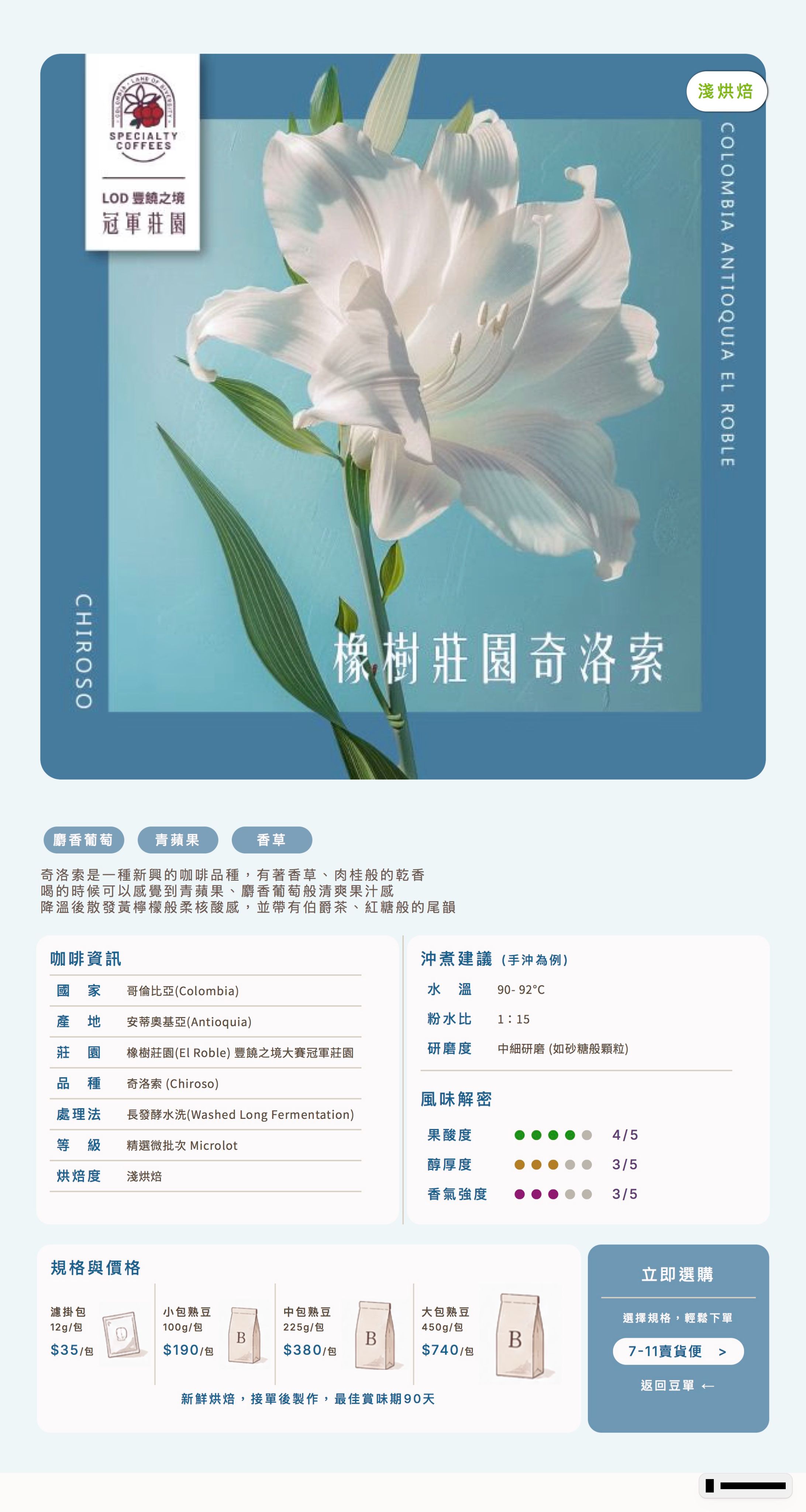❮淺焙❯ 哥倫比亞 安蒂奧 橡樹莊園 奇洛索 長發酵水洗
