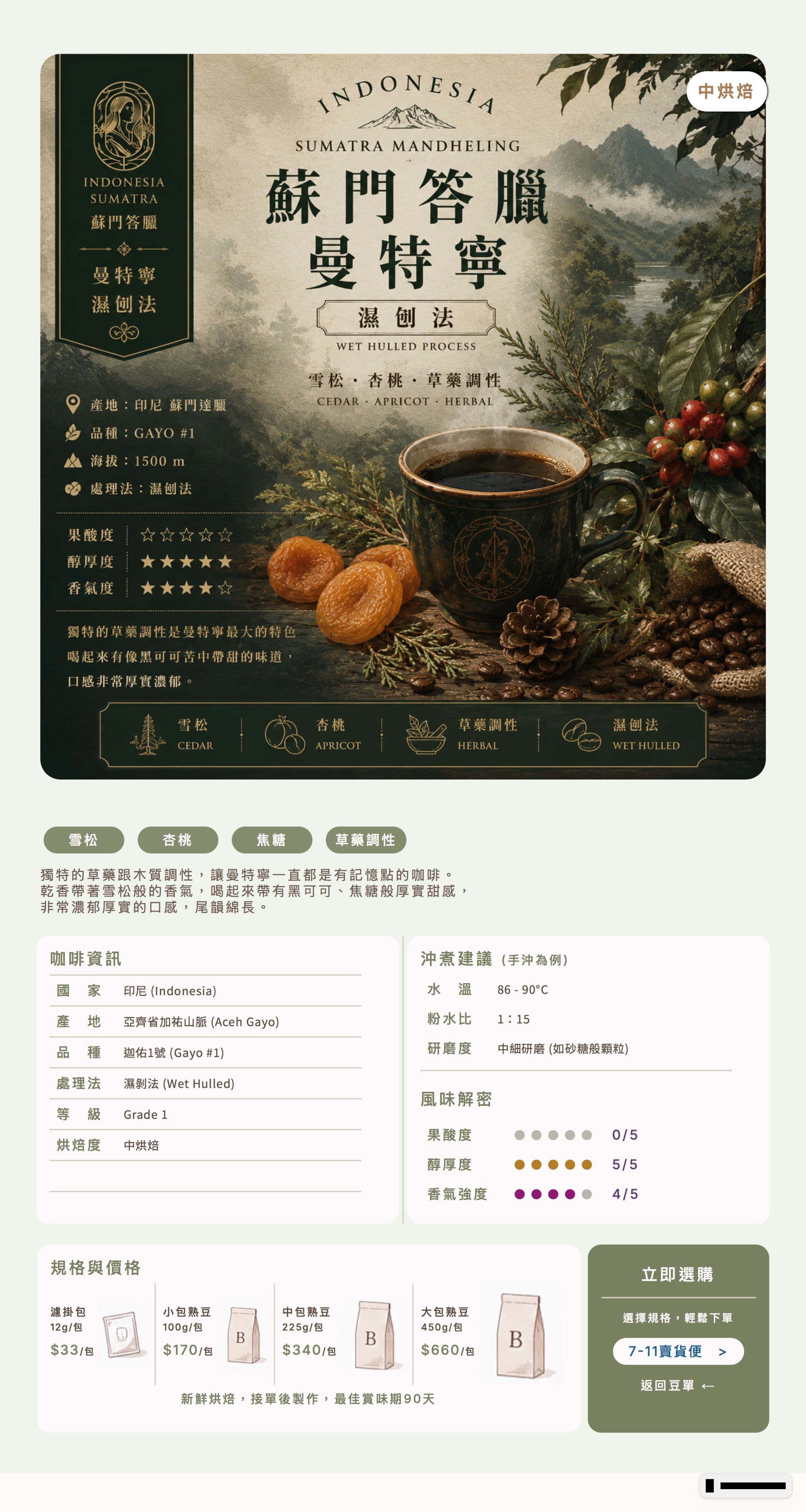 ❮中焙❯ 印尼 蘇門答臘 曼特寧 濕刨法