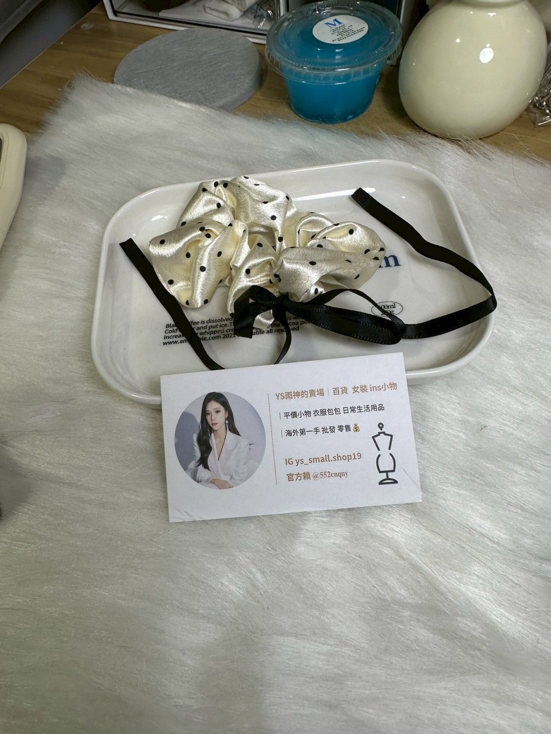 韓國歐膩推薦 奶白黑點蝴蝶結綁帶髮圈大腸圈