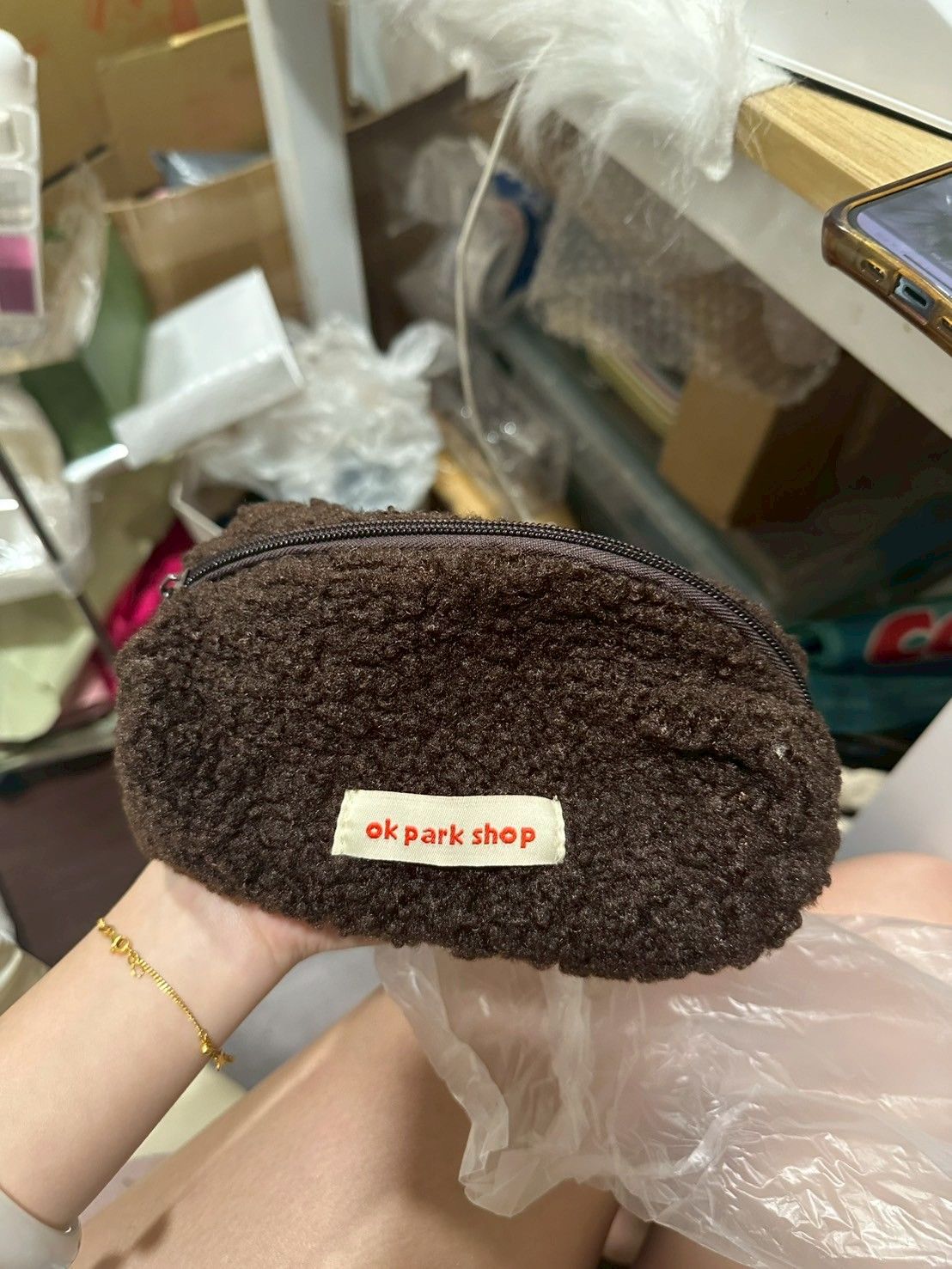 咖色羊羔毛筆帶 收納包 化妝包