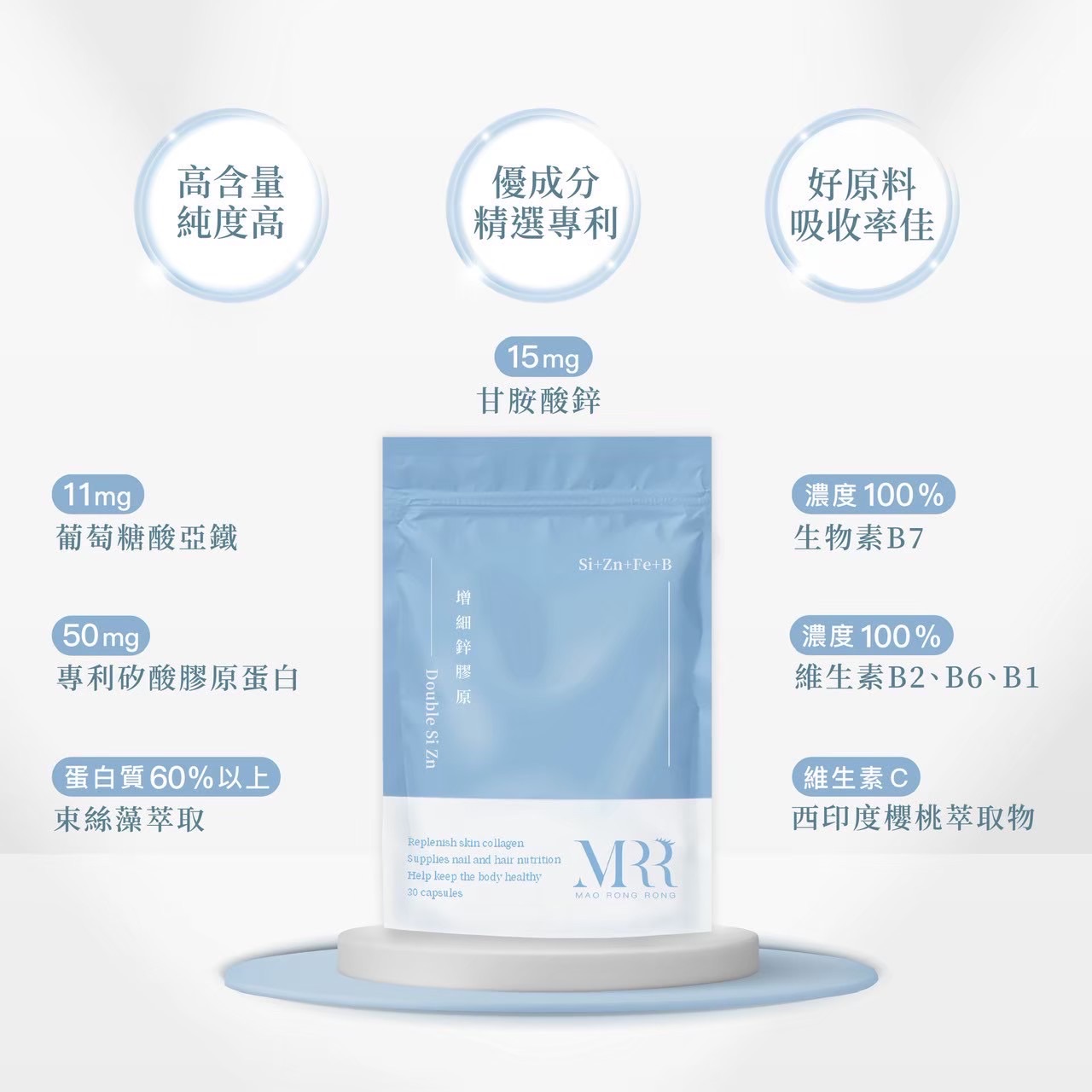 增矽鋅膠原（保健品一顆搞定 含鐵、B群、維生素C、膠原蛋白、活絡毛髮的矽、加強機能的鋅
