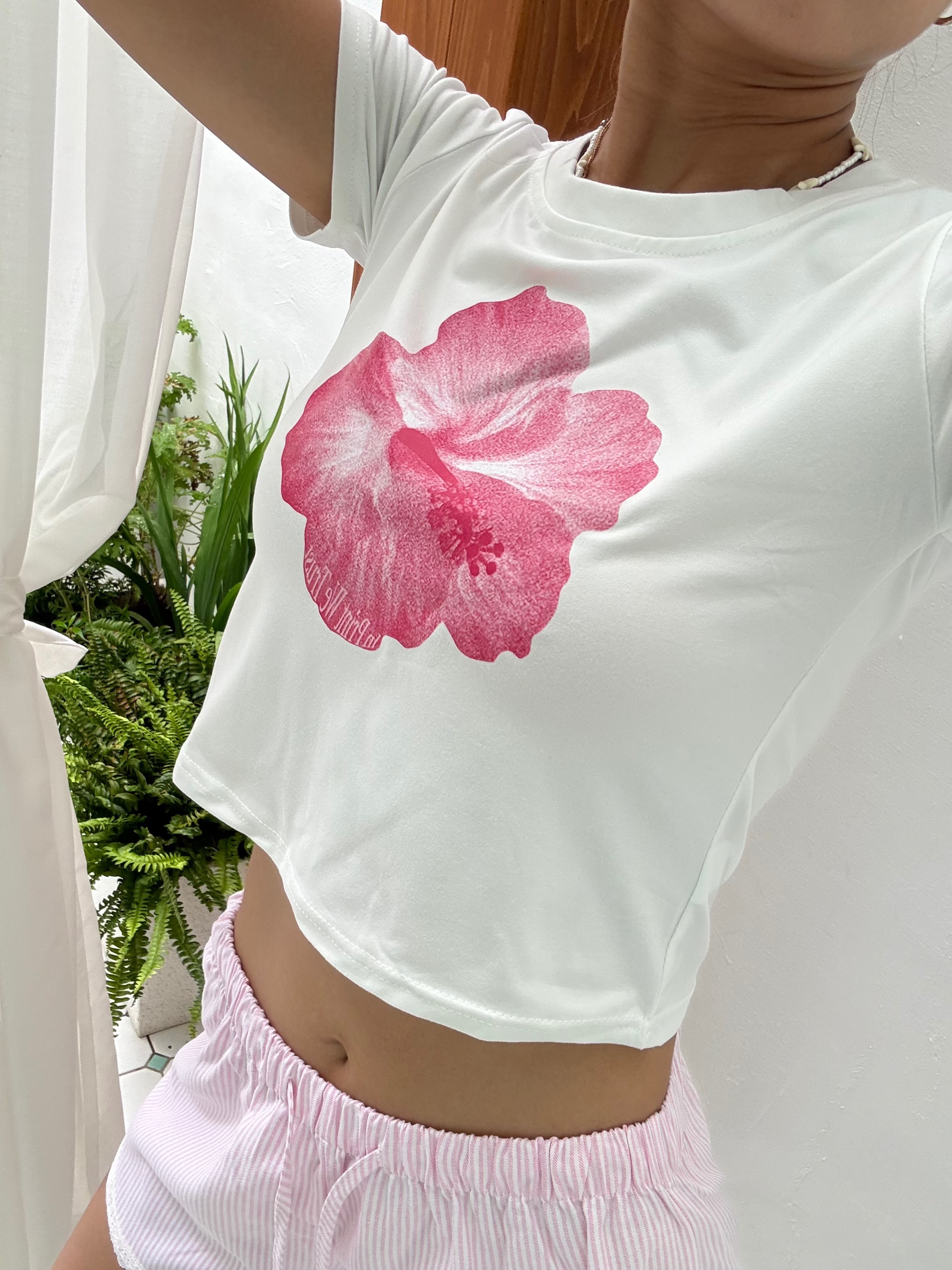 戀愛粉嫩🌸 歐美 度假 木槿花 花朵印花 短袖上衣