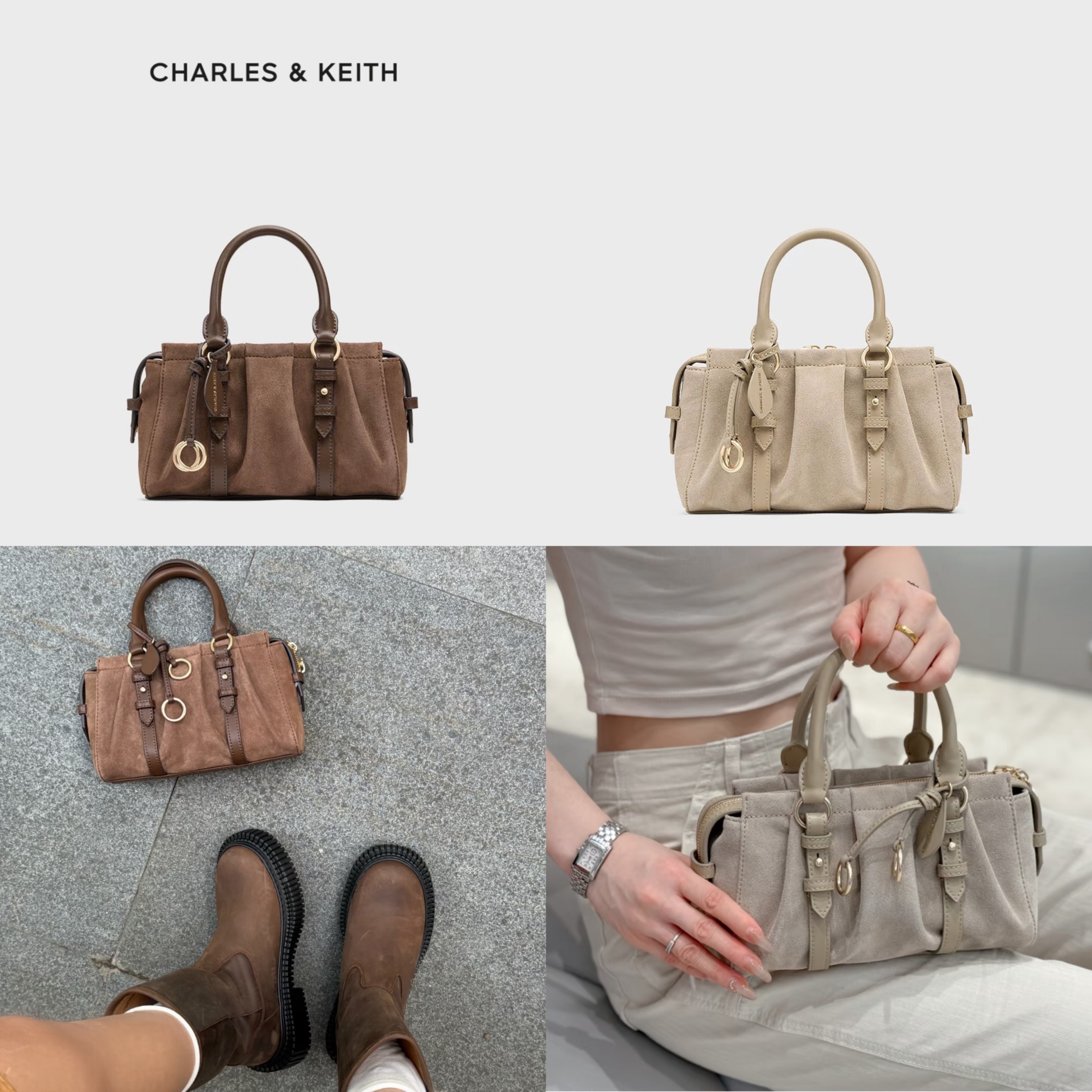預購CHARLES＆KEITH 小CK Britton 麂皮抓皺手提包 波士頓包 小號 女款 摩卡棕