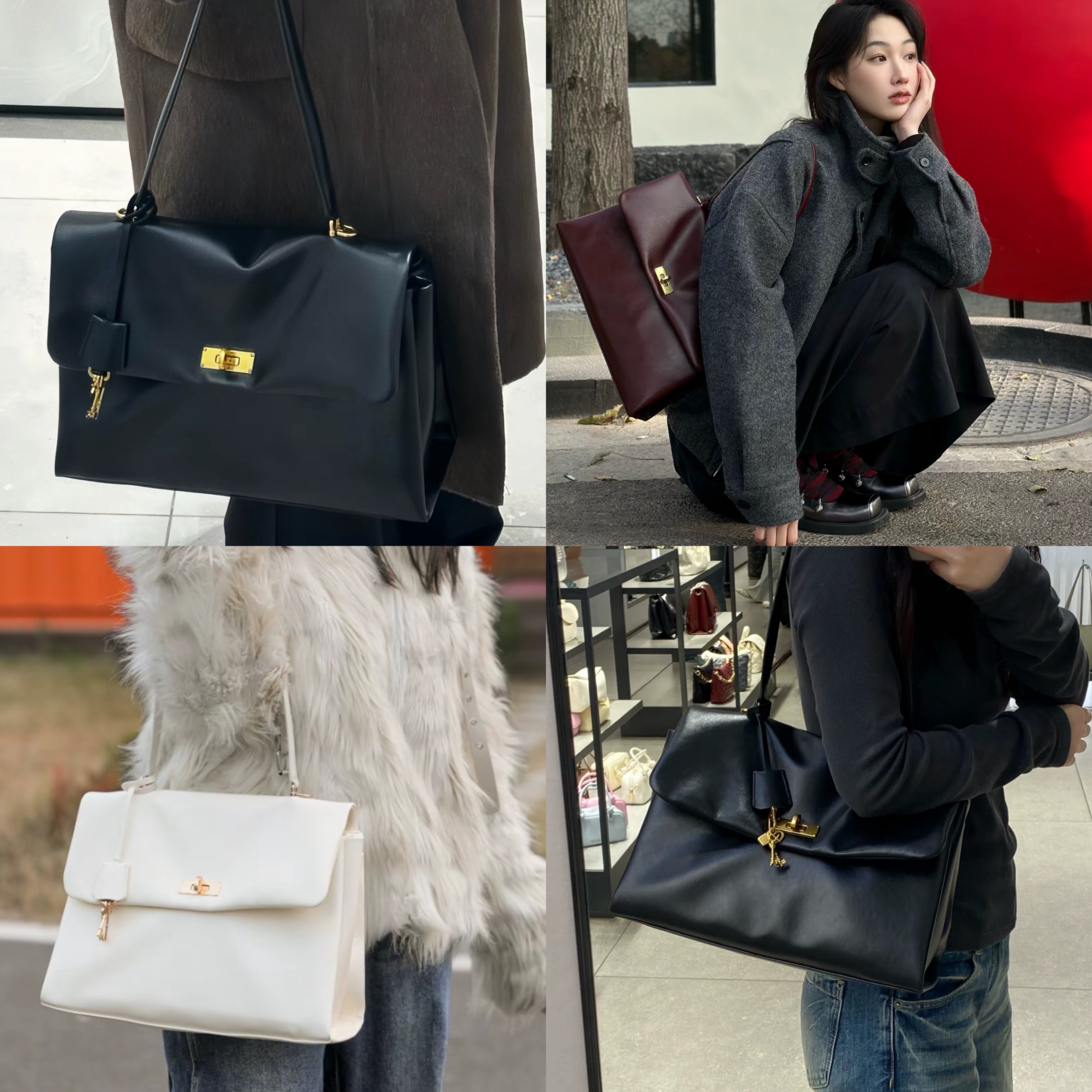預購 CHARLES＆KEITH 小ck 大號kerry郵差包容量腋下包 含掛件 PU 單肩包 大號 女款 黑色/奶白色