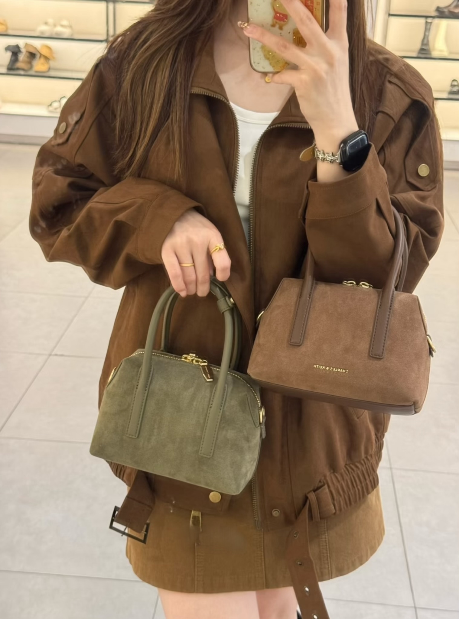 預購 CHARLES＆KEITH 小ck麂皮小方包波士頓包 手提斜挎包 小號 女款 Mocha Brown摩卡棕/Dee