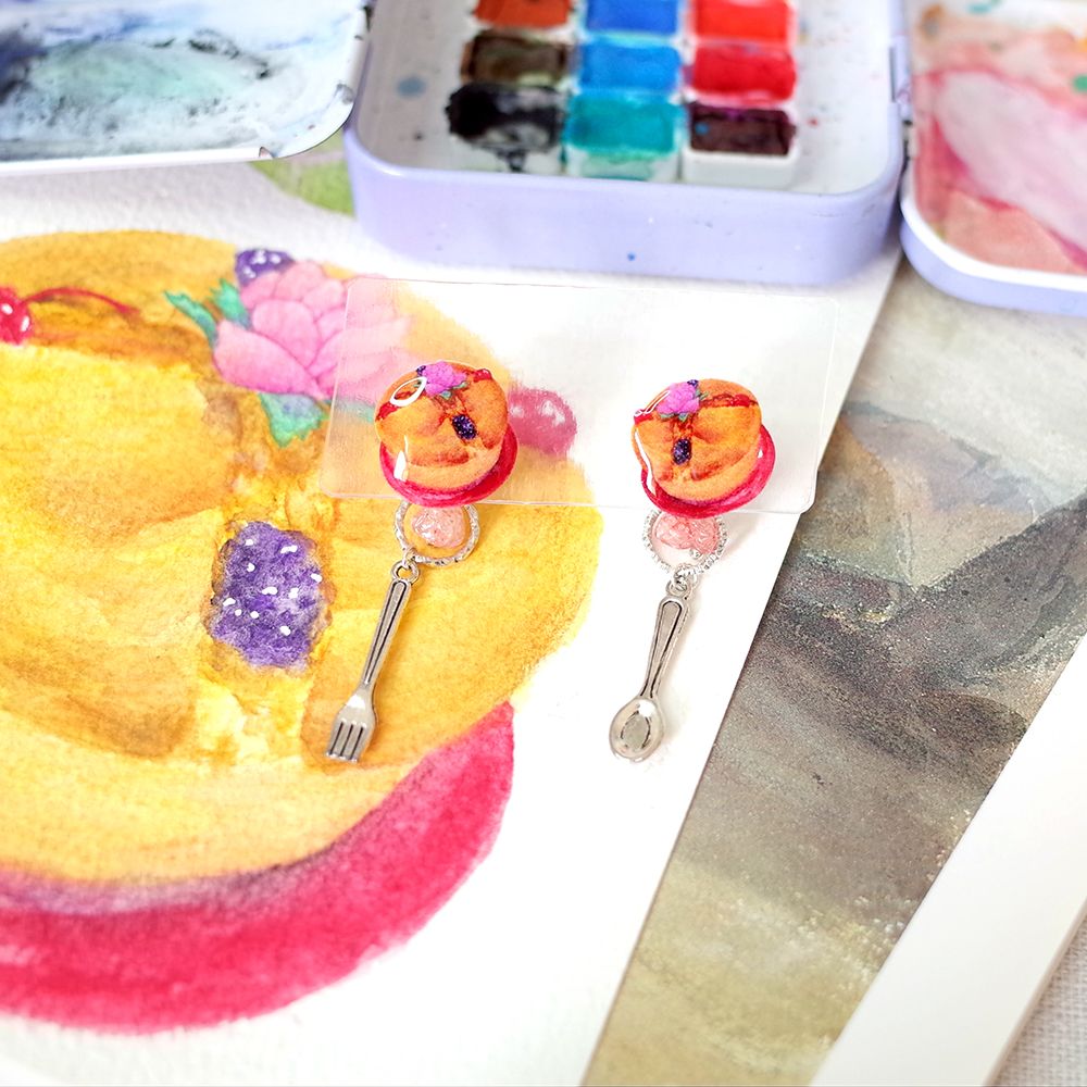臺灣點心繪畫貼耳耳環餐具款│拜拜蛋糕/壽桃