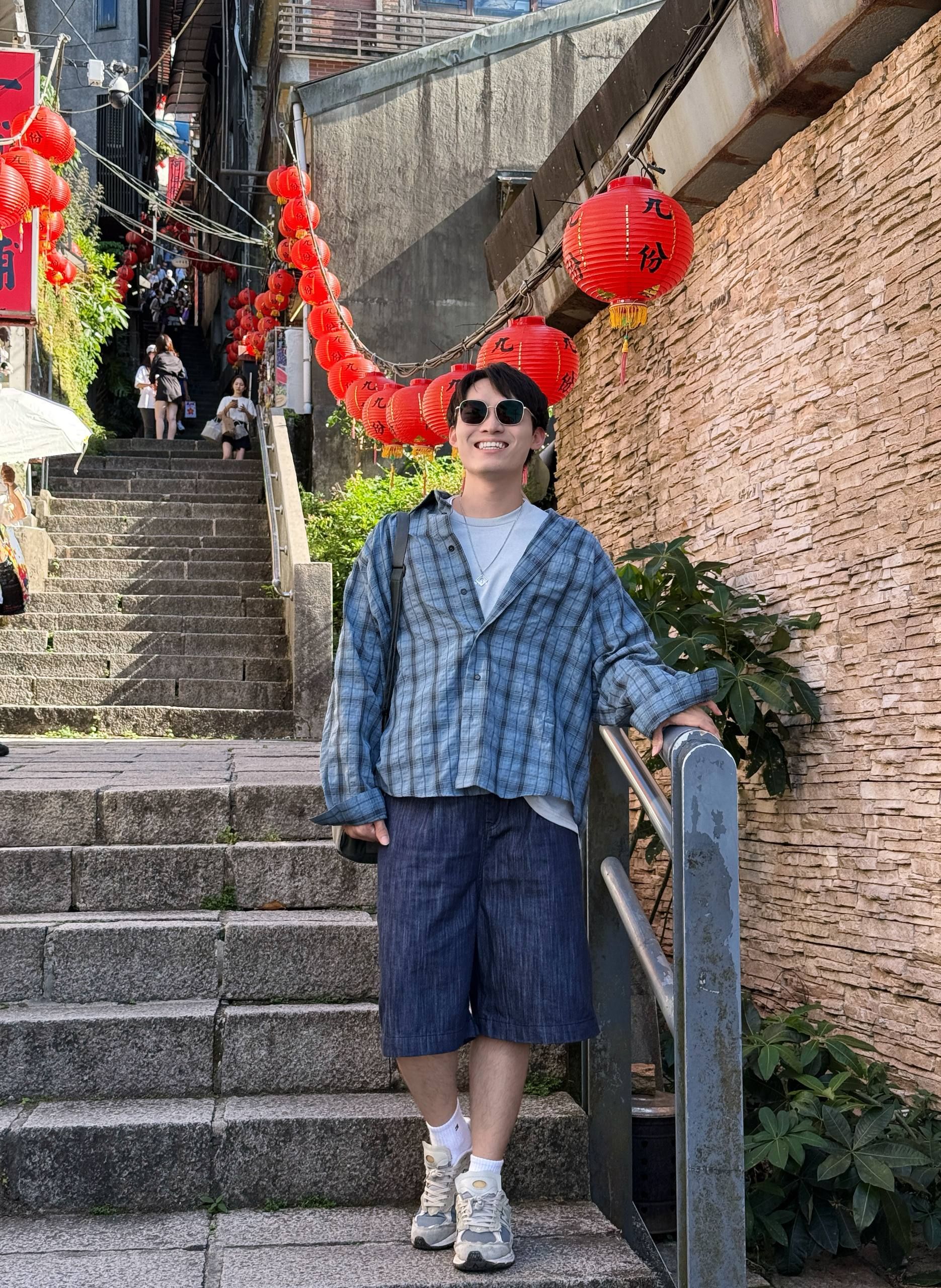 復古立體皺感格紋落肩襯衫