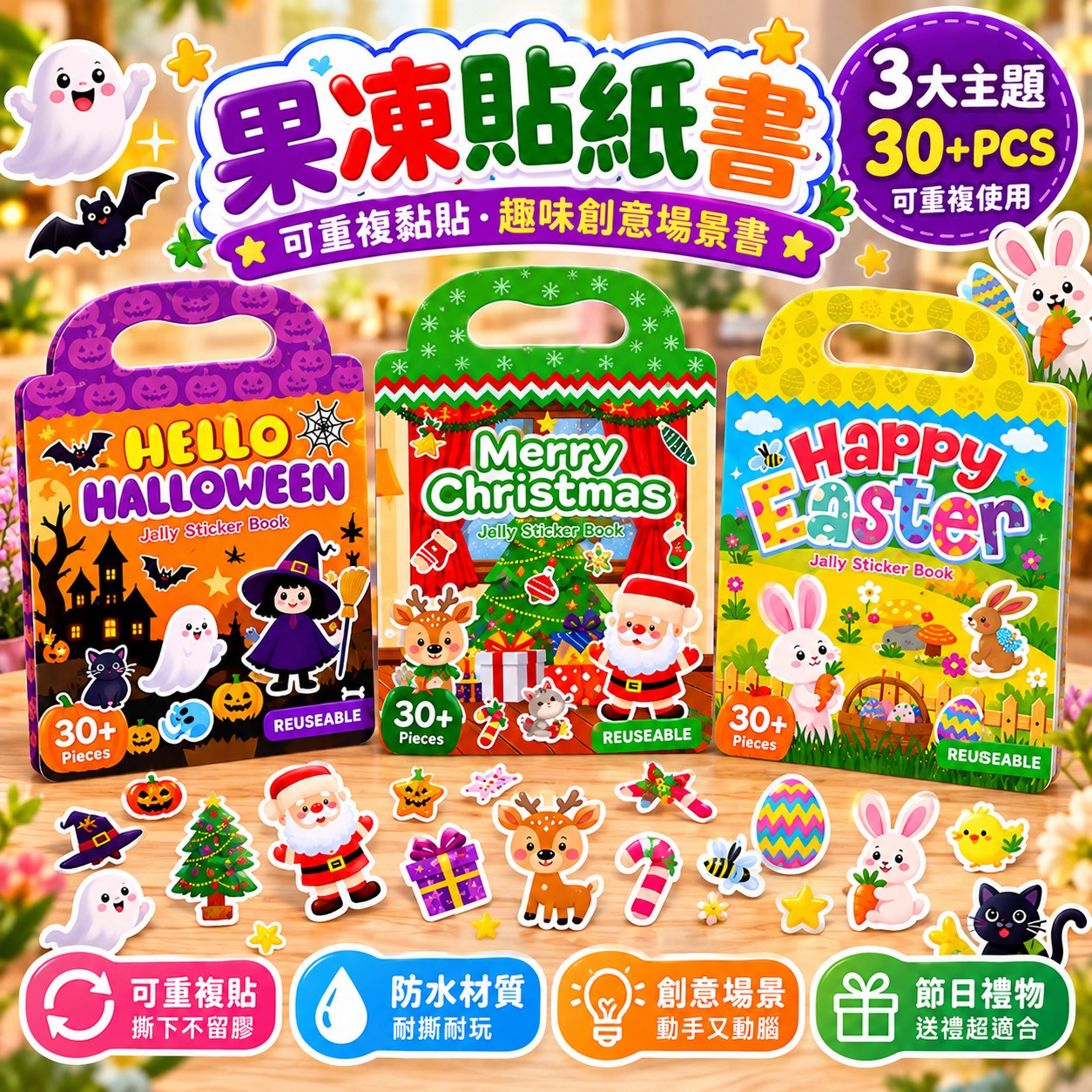 🎃🎄🐰 節日可重複貼紙場景遊戲書｜萬聖節・聖誕節・復活節